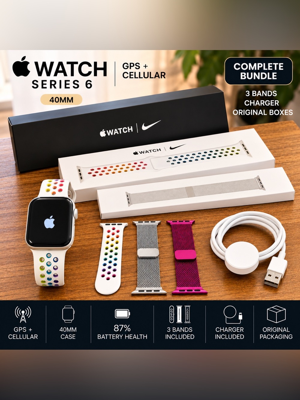 Apple Watch Series 6 40mm GPS + Cellular + 3 Bands Charger Boxes